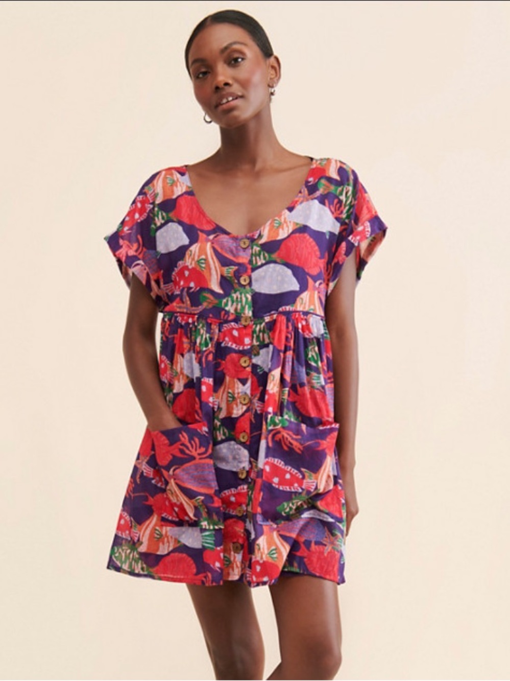 Free People Oceana fish print Mini Dress - Purple & Red oversized XS
